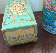 Vintage Avon Trailing Arbutus Perfume Talc Powder Tin & Box 1977 Vanity Decor
