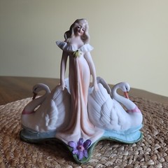 Vintage Art Nouveau Bisque Porcelain Woman with 2 Swans Planter Figurine / Read