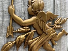 Rare 1960s Vintage Sexton Gold Painted Metal Cherub Angels Set of 2 Wall Decor