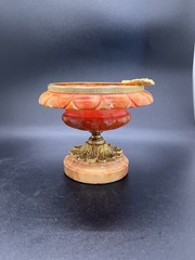 Vintage Alabaster Marble Orange Pedestal Bird Bath, Brass Accents Made Italy