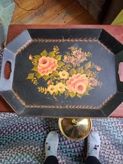 Vtg Hand Painted Tole Metal Tray Floral handles (2564)