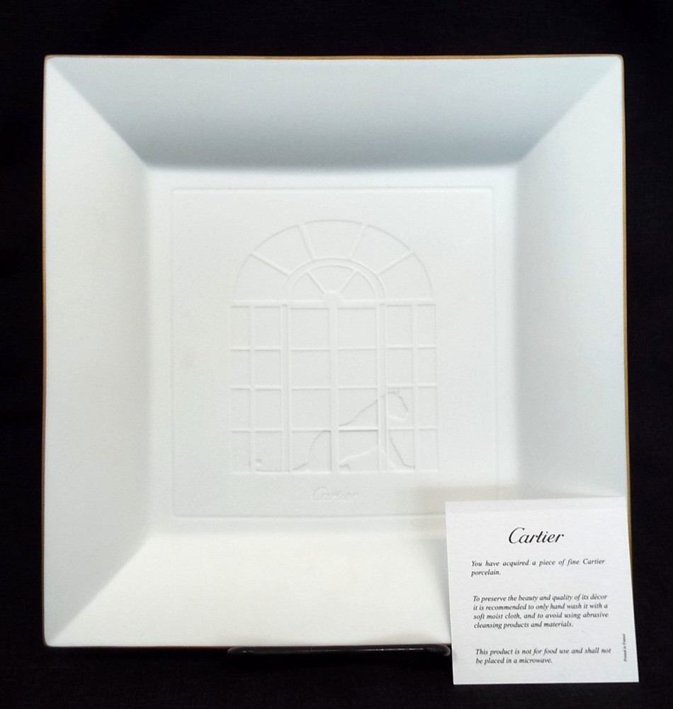 Cartier Porcelain Square Embossed Window Panther Large Tray France Authentic 9.5
