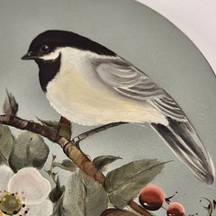 2 VTG Hand Painted Round Wood Lid Dogwood Berries Chickadee Bird Farmhouse Decor