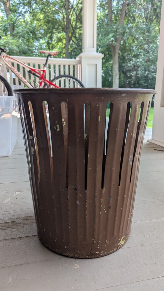 Vintage 1909 Erie Art Metal Co. Trash Waste Paper Basket Metal Slotted RARE