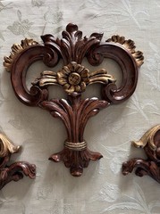 Vintage Set 3 Wall Appliques Plaques Rococo Scroll Hollywood Regency Brown Gold