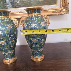 Pair Chinese Cloisonné Enamel Brass Floral Vases Blue Dragon Handle Vintage