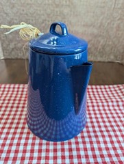 9.5″high BLUE Metal Enamaled Percolator w/SUNFLOWERS-BUTTERFLIES decals x DECOR