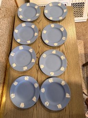 Vintage Set of 8 Jasperware Plates Wedgwood Blue Cameo Relief Decorative 6.5″