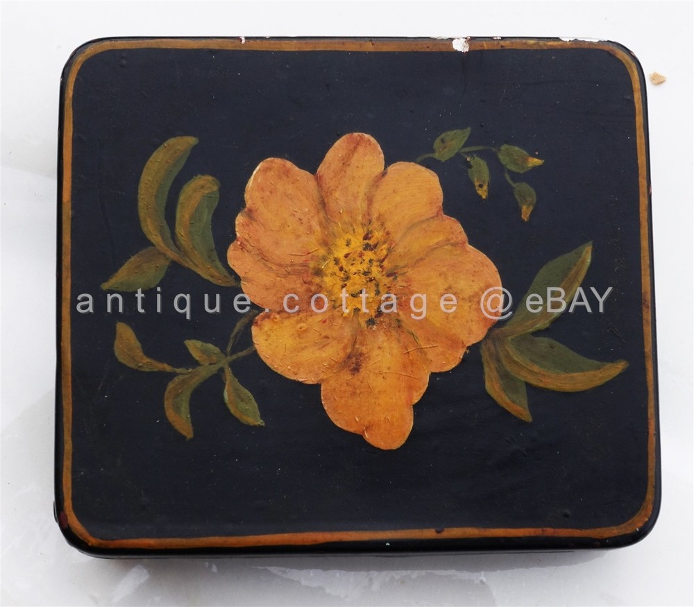 antique TOLE hand painted CIGARETTE TRINKET TIN floral aafa folk art orange PRIM