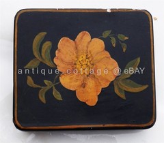 antique TOLE hand painted CIGARETTE TRINKET TIN floral aafa folk art orange PRIM