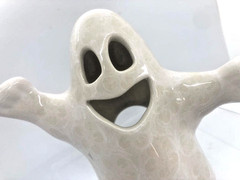 2 Polish Pottery Ceramic Ghost Lantern Figurines White Lace and BOO