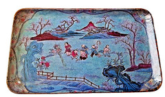 Japanese Lacquer Tray Paper Mache Asian Chinoiserie Scene Figural, Pagoda