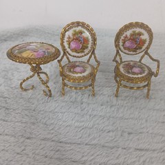 Vintage Limoges France Miniature Bistro Table And Chairs Set of 3 Dolls House