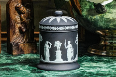 Neoclassical Antique 19th Century Wedgwood Black Jasperware Lidded Jar Tobacco