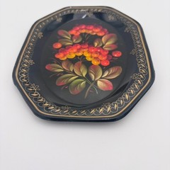 Painted Metal Mini Tray Folk Art Toleware Style Black w/ Red Orange Berries
