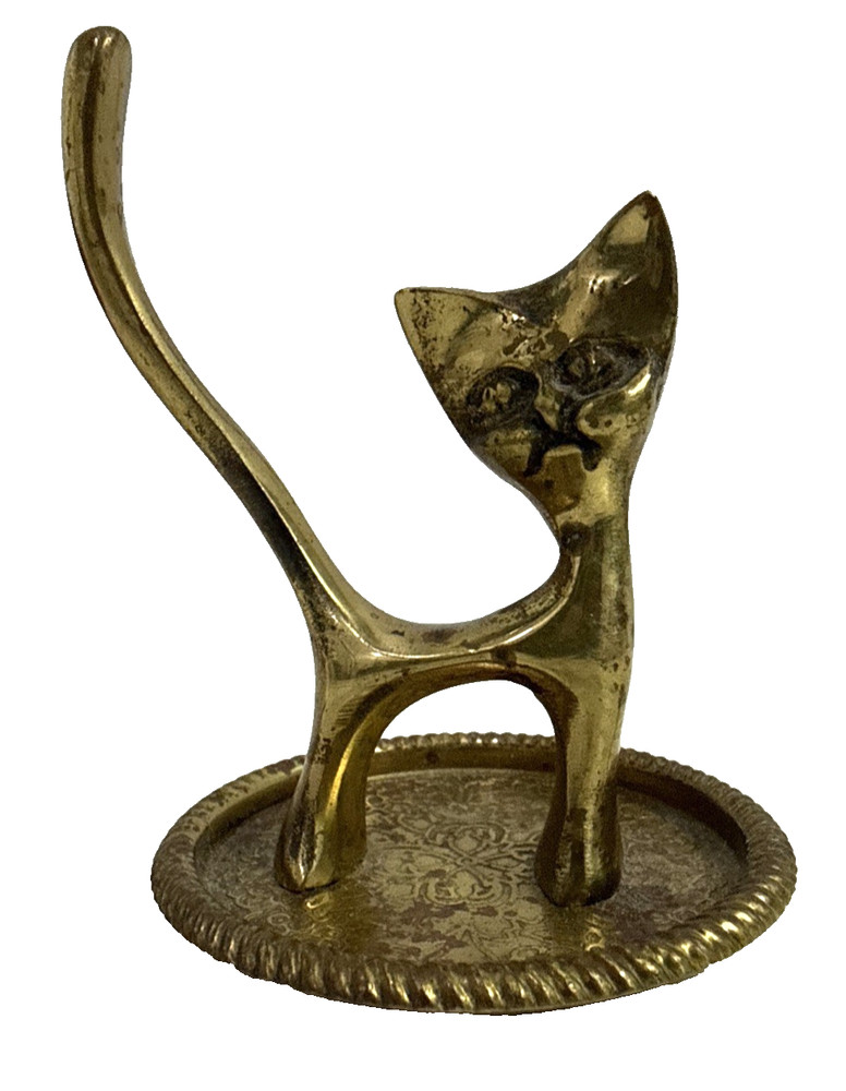 Vintage MCM Heavy Brass Cat Kitty Ring Holder Trinket Dish Long Tail Super Cute