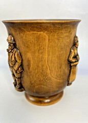 Vintage Carved Wooden Folk Art Cup Vase Vessel 3 Carved Wood Figures SIGNED 4.8″