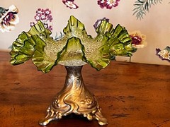 RARE Antique 1860 Craquelle Overshot Art Nouveau Green Bowl On Metal Base