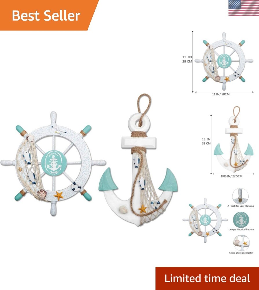 11″ Wooden Ship Wheel & 13″ Anchor Wall Art – Perfect Nautical Home Decoration