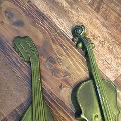 Vintage 60s Royal Cast Metal Green Bass Guitar and Mandolin Wall Hangings Art