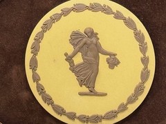 WEDGWOOD Cane Yellow & Brown Jasperware Dancing Hours Medallion Plaque, Framed
