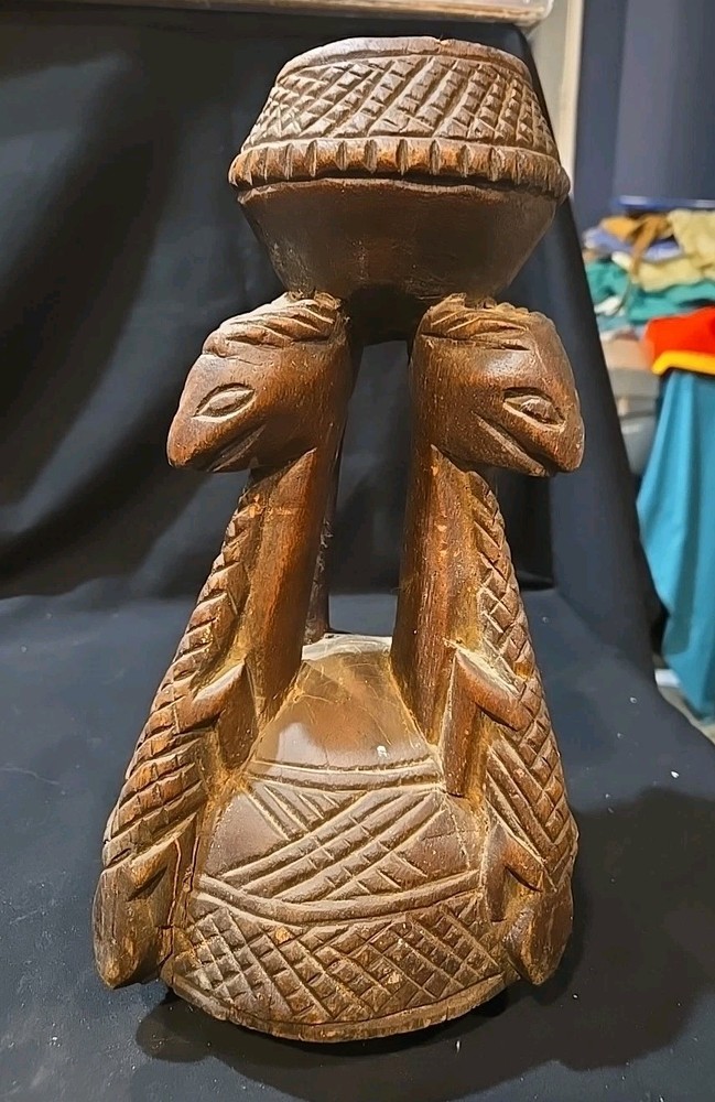 Vintage Hand Carved Wooden Candle Holder 12″ Tall Unknown Animal Depiction