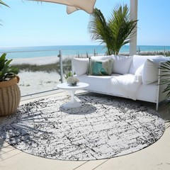 8′ Black White And Gray Round Abstract Washable Rug