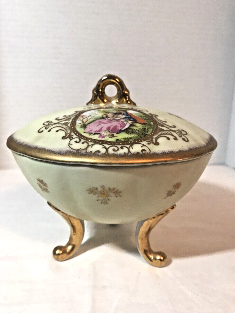 Vintage Lefton China Gold Green Victorian Couple Lidded Dish Footed 1616 6″ X 4″