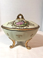 Vintage Lefton China Gold Green Victorian Couple Lidded Dish Footed 1616 6″ X 4″