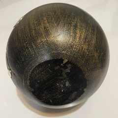 Distressed Black Carved Wood Vase with Silver Metal Floral Inlay Artisan Decor