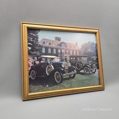 VTG Old Cars and House Wall Hanging Photo Picture, Gold Toned Frame 15.5″ x 12″