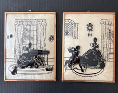 Pair of Victorian Reverse Painting Convex Glass Silhouette Pictures Vtg 1940s