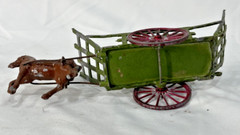 Pair Hand Painted Heavy Cast Metal Miniature Horse & Wagon Figurines from France
