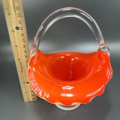 Vintage 1980s Venetian Art Glass Basket Bowl With Handle Red White Art Glass VTG