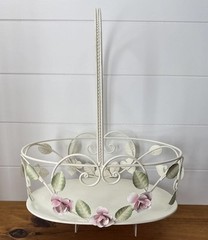Vintage Tole Style Rose Basket Metal Shabby Chic Cottage Decor