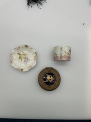 Limoges France black enamel and gold compact, plate and unknown mfr stamp holder