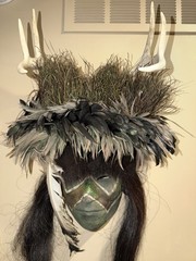 Decorative Mask with Antlers, Feathers, Long Hair – Black Gray White Original