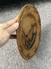 VINTAGE 8.5” PYROGRAPHY WOODEN PLATE-“HUNFELD KIOSTER” FOLK ART
