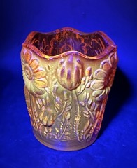 VTG Amberina Orange Daisy Tulip Glass Votive Toothpick Holder 2 1/2 Floral Glows