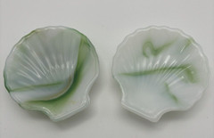 2 Akro Agate Clam Shell Green & Opaque White Swirl Glass Trinket Dish Ashtray