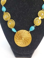 Art Biojoias Capim Dourado Palha Buriti Mandala Necklace Golden Grass Leather.