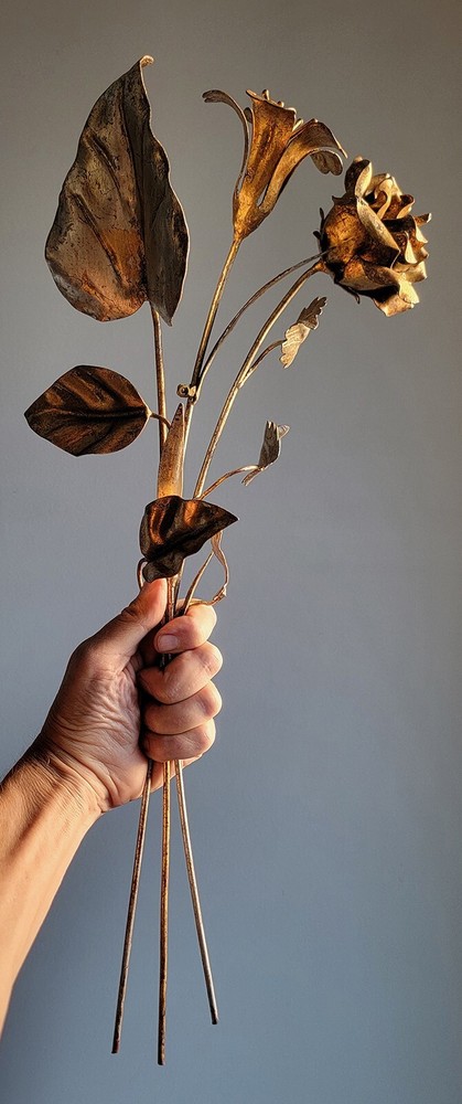 3x VTG 22″ Italian Gilt TOLE Flower-Long Stem Rose+Lily+Arrowhead-Shabby Chic