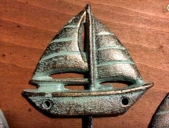 SAILBOAT HOOK with Antique Green Patina heavy duty cast iron sea ocean beach 5″