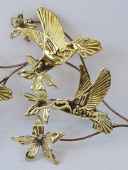 Vintage Metal Art Wall Hanging Hummingbirds Flowers Branches Brass Birds MCM