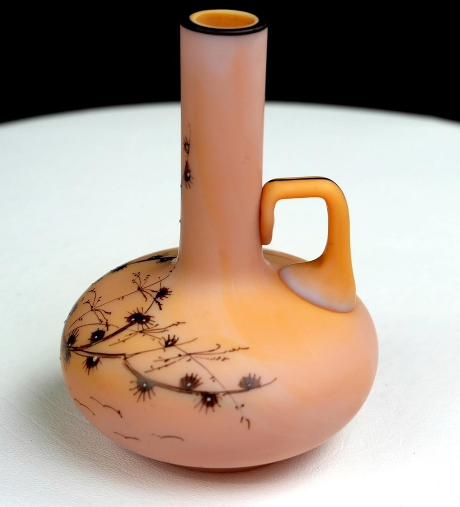 Victorian Art Nouveau Opaline Satin Glass Birds Flora 5″ Handled Bud Vase 1885-