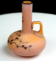 Victorian Art Nouveau Opaline Satin Glass Birds Flora 5″ Handled Bud Vase 1885-