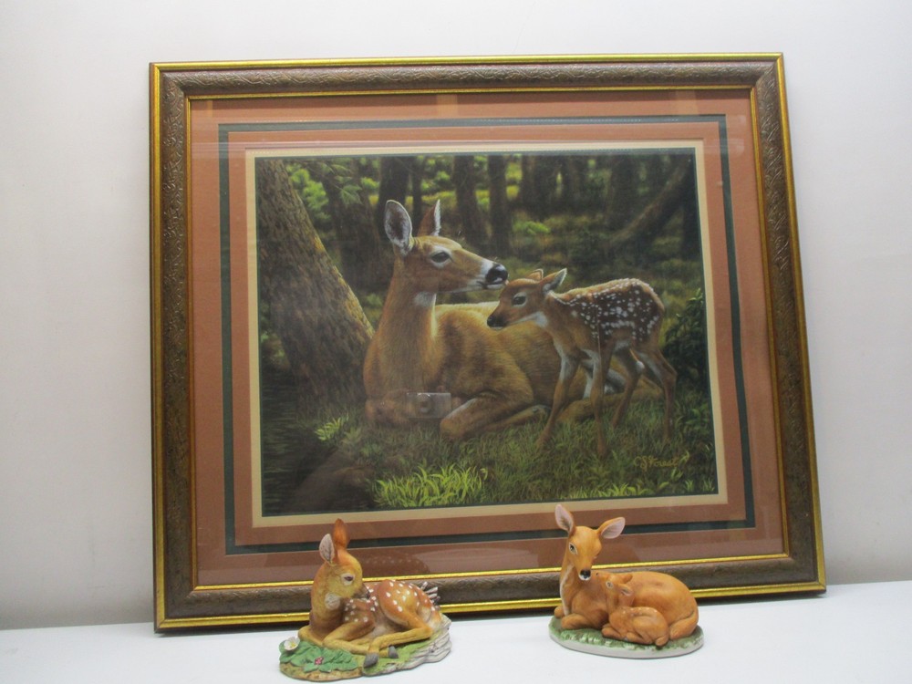 3pc Home Interiors Doe~Fawn~Deer~Picture~(1) Homco (1) Andrea Figurine 23″ X 27″