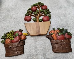 Vintage Lot Of 3 Sexton Wall Hanging Art Fruit Apple Basket Metal 1960s 1970s