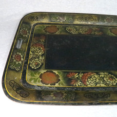 Antique Toleware Pair of Metal Trays Black Hand Painted Floral Stenciled 24″x18″