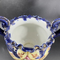Antique Fine Porcelain Vase Vessel Footed Dish Bowl W Handles Decorated Ceramic